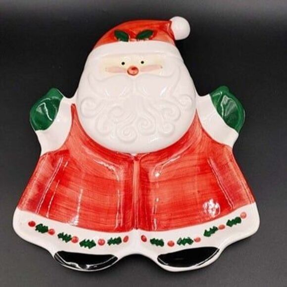 Ceramic Santa Chip & Covered Dip Platter Hand Painted Vintage Christmas St. Nick - Picture 2 of 10
